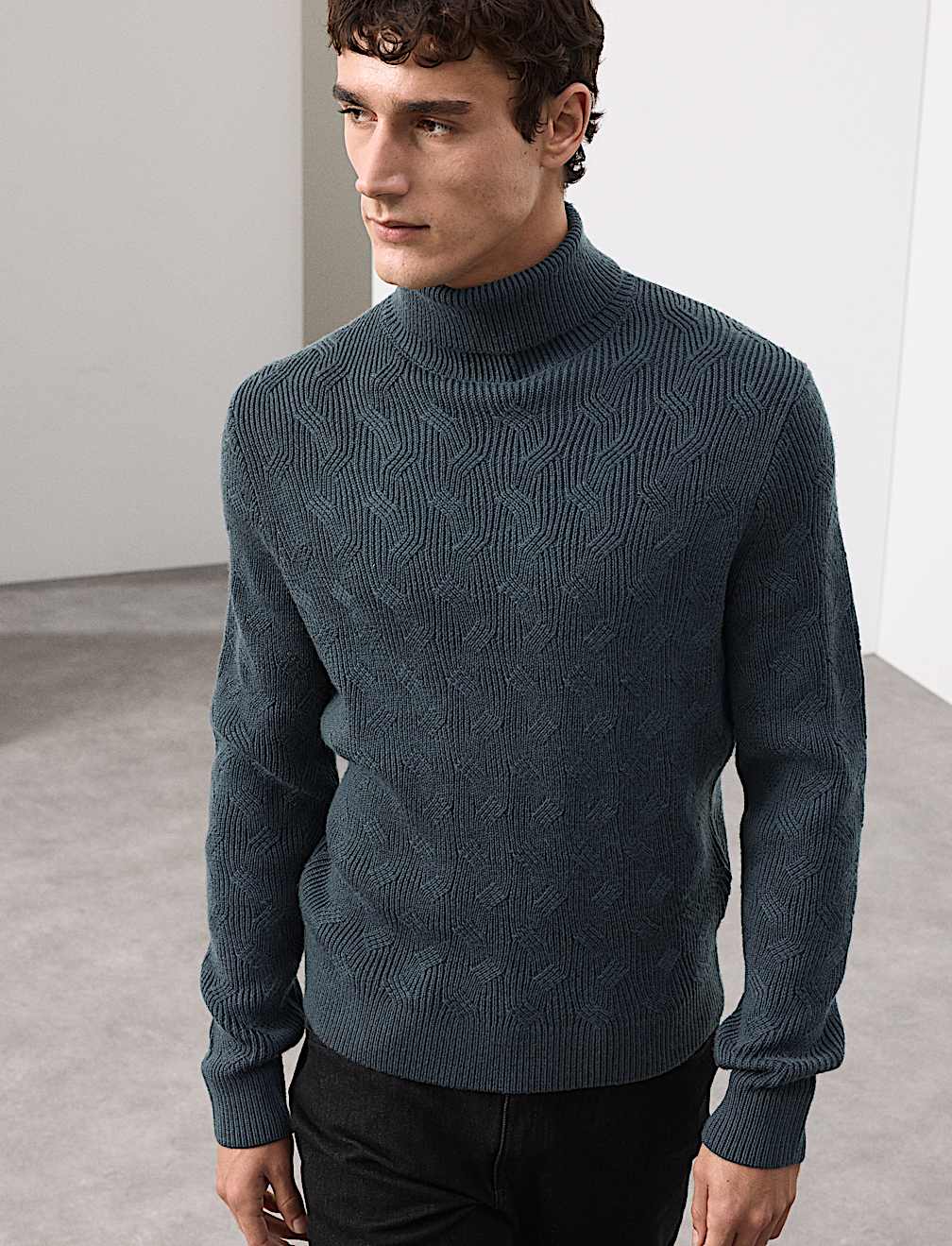 Pure Wool Wave Stitch Roll Neck Jumper