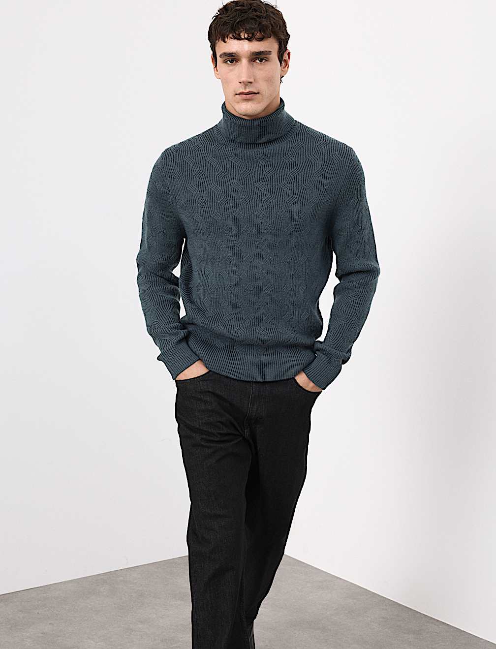 Pure Wool Wave Stitch Roll Neck Jumper