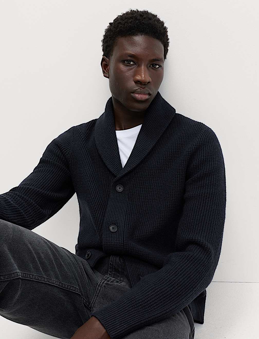 Air-Yarn Waffle Knit Shawl Neck Cardigan