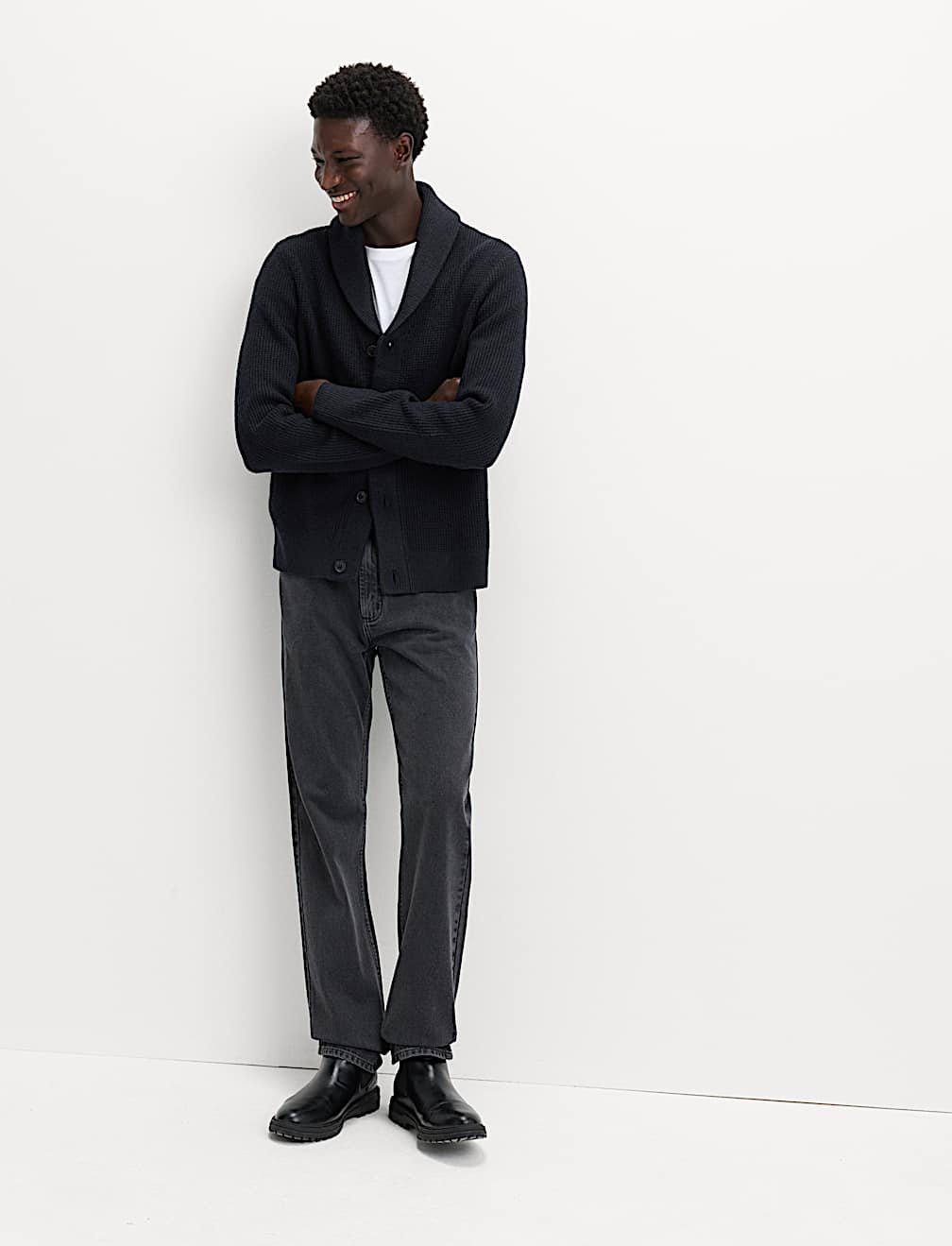 Air-Yarn Waffle Knit Shawl Neck Cardigan