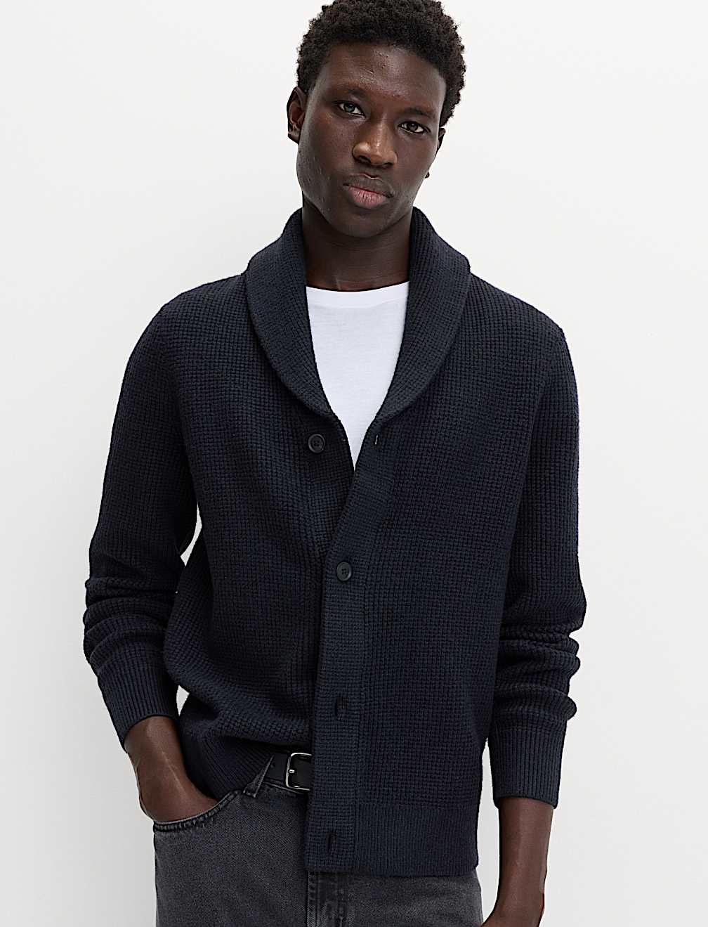 Air-Yarn Waffle Knit Shawl Neck Cardigan