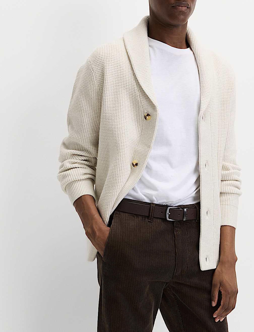 Air-Yarn Waffle Knit Shawl Neck Cardigan