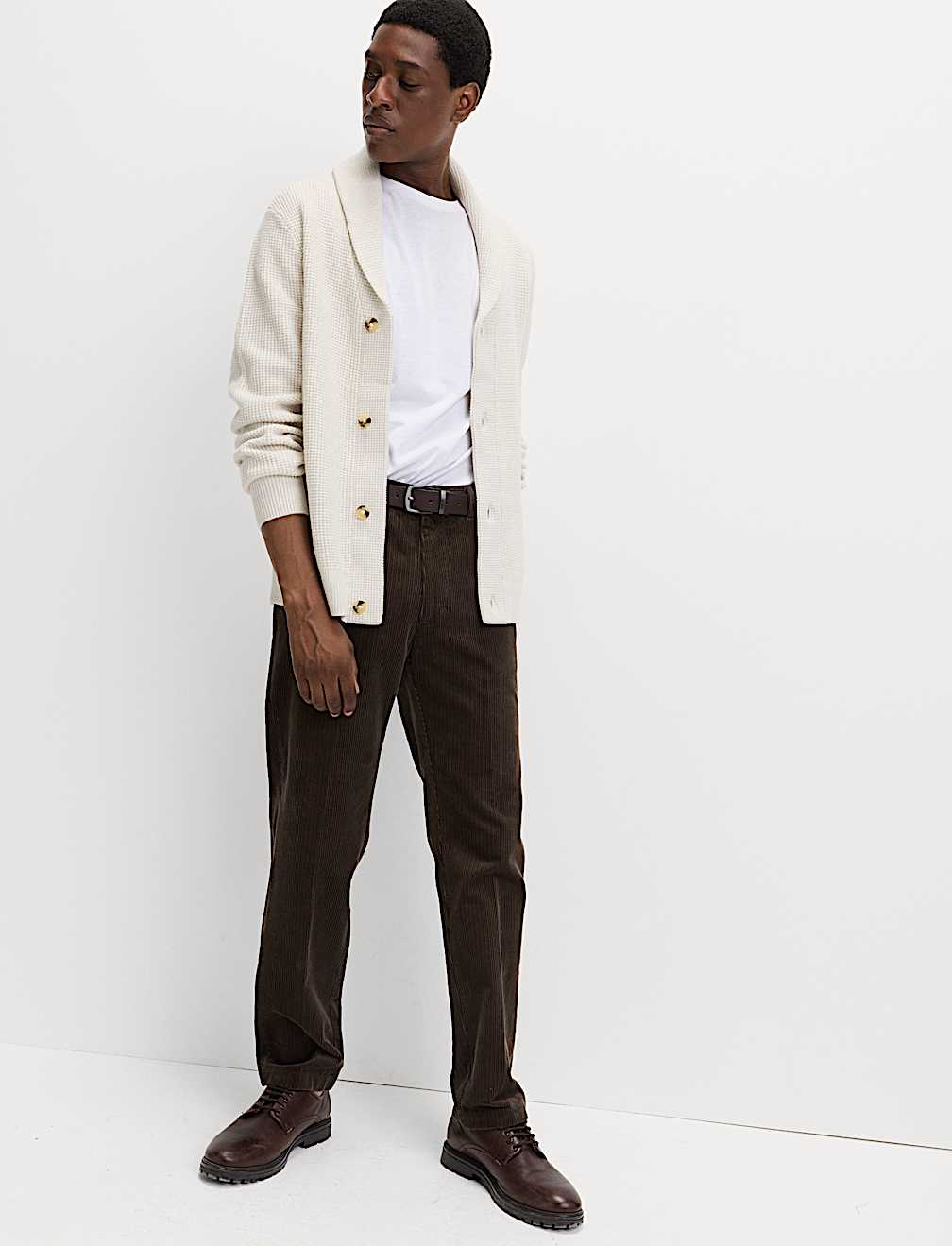 Air-Yarn Waffle Knit Shawl Neck Cardigan