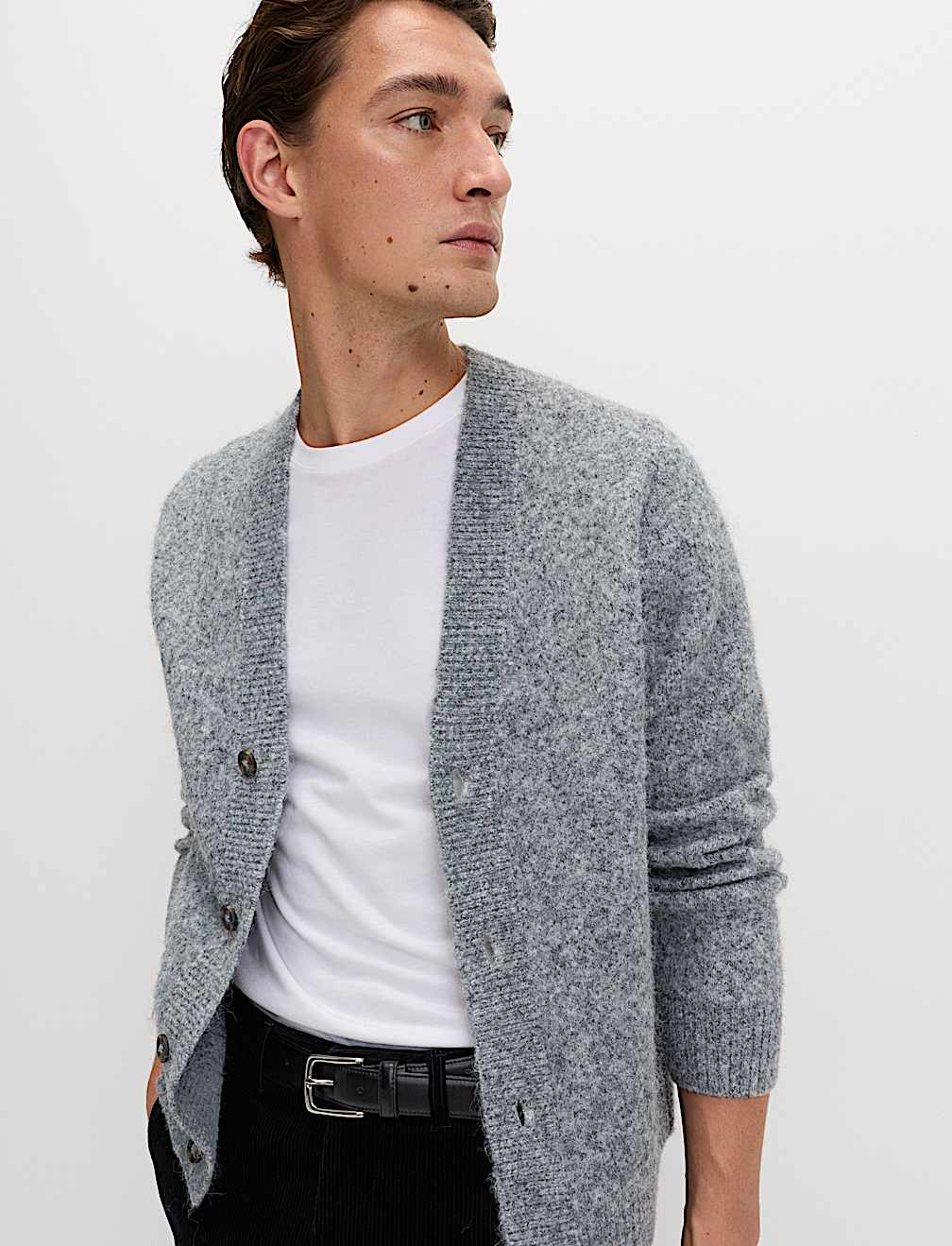 Relaxed Textured V-Neck Cardigan with Wool