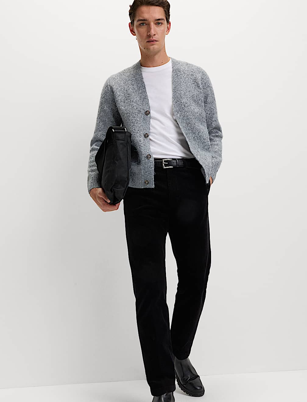 Relaxed Textured V-Neck Cardigan with Wool