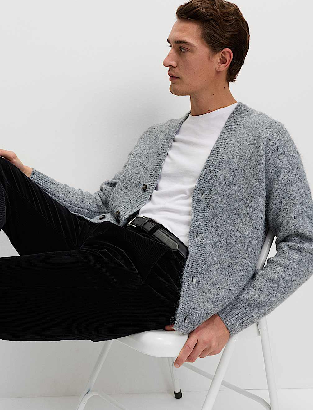 Relaxed Textured V-Neck Cardigan with Wool