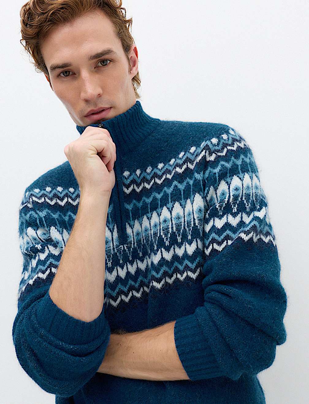 Fair Isle Half Zip Jumper with Wool