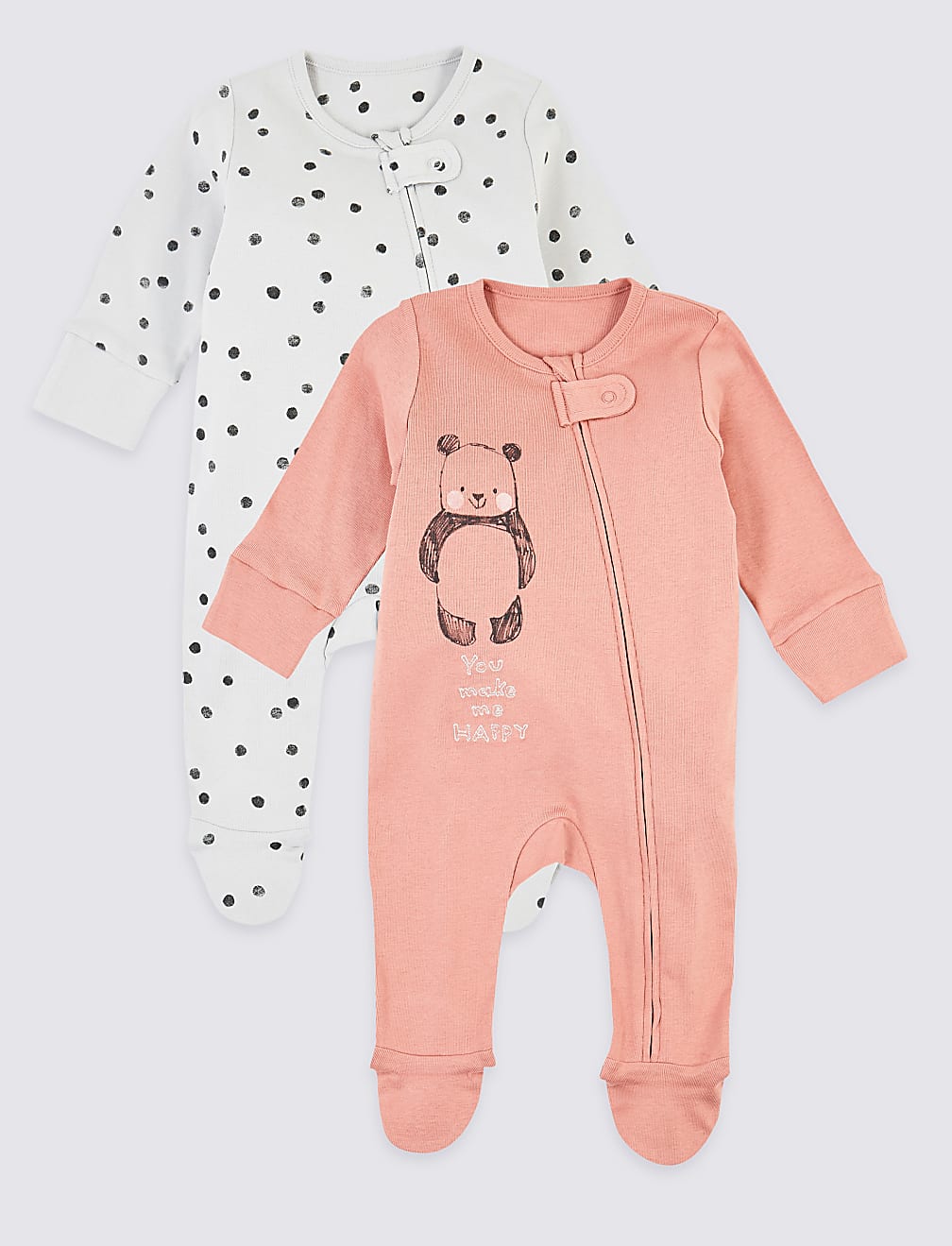 2 Pack Pure Cotton Panda & Spot Print Sleepsuits
