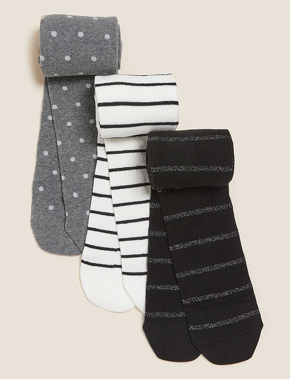 3pk Cotton Monochrome Tights (2-14 Yrs)