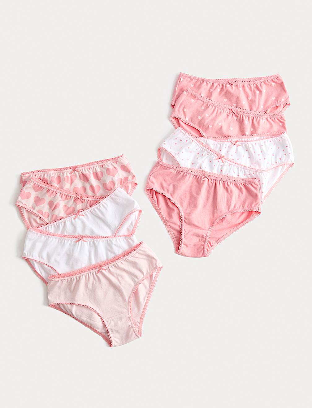 10 Pack Cotton with Stretch Pink Heart Knickers (2-14 Yrs)