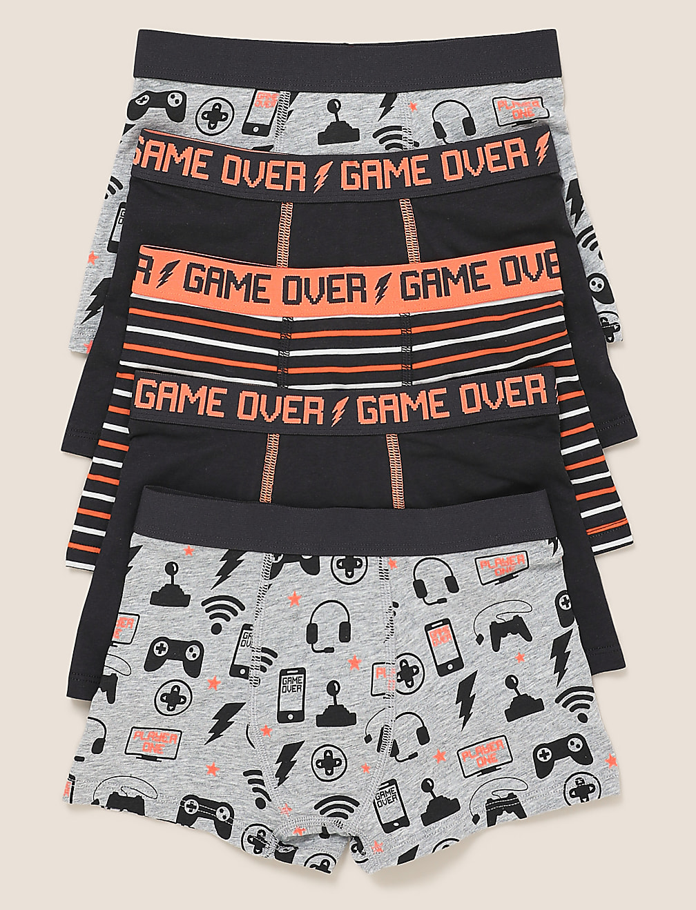 5pk Cotton Rich with Stretch Game Print Trunks (2-16 Yrs)