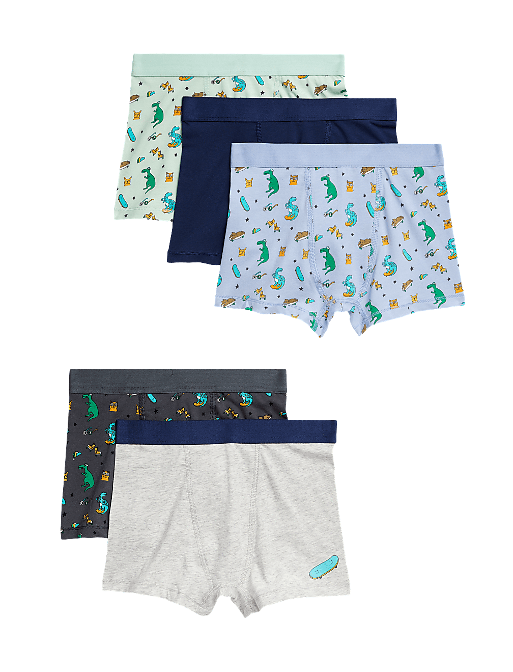5pk Cotton With Stretch Dinosaur Animal Trunks (3–8 Yrs)