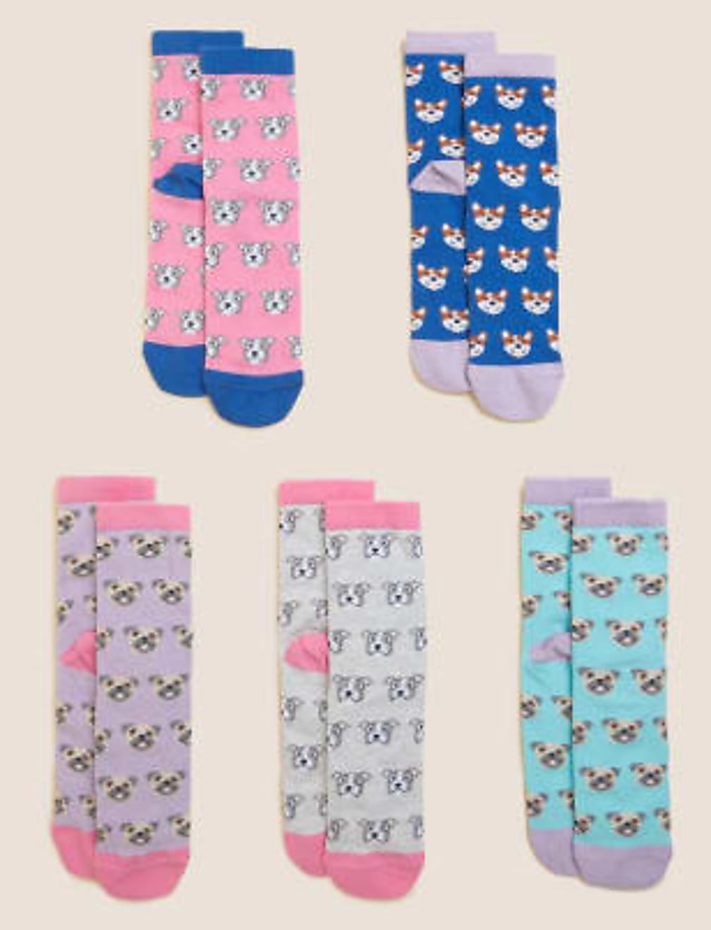 5pk Cotton Blend Dog Print Socks