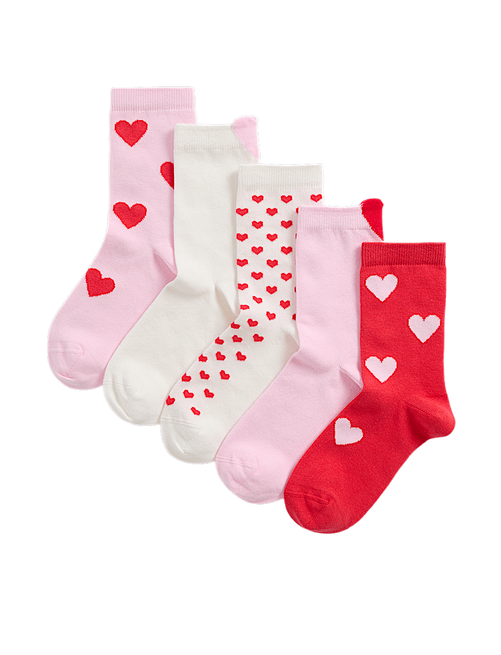 5pk Cotton Rich Ankle Ribbed Heart Socks (6 Small-7 Large)