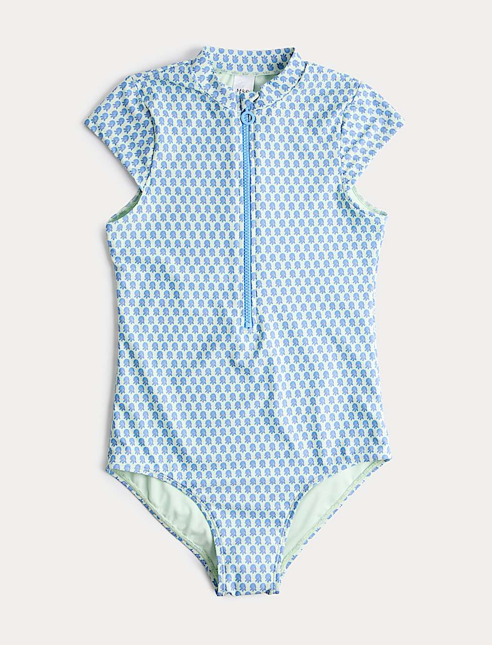 Printed Zip Through Cap Sleeve Swimsuit (6-16 Yrs)