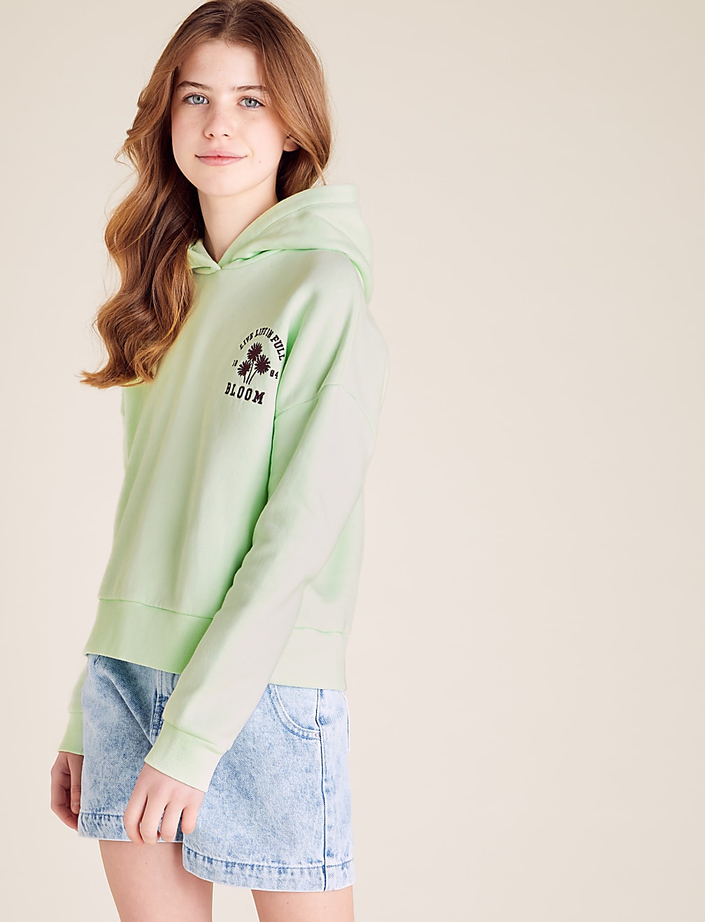 Cotton Flower Embroidered Slogan Hoodie (6-14 Yrs)