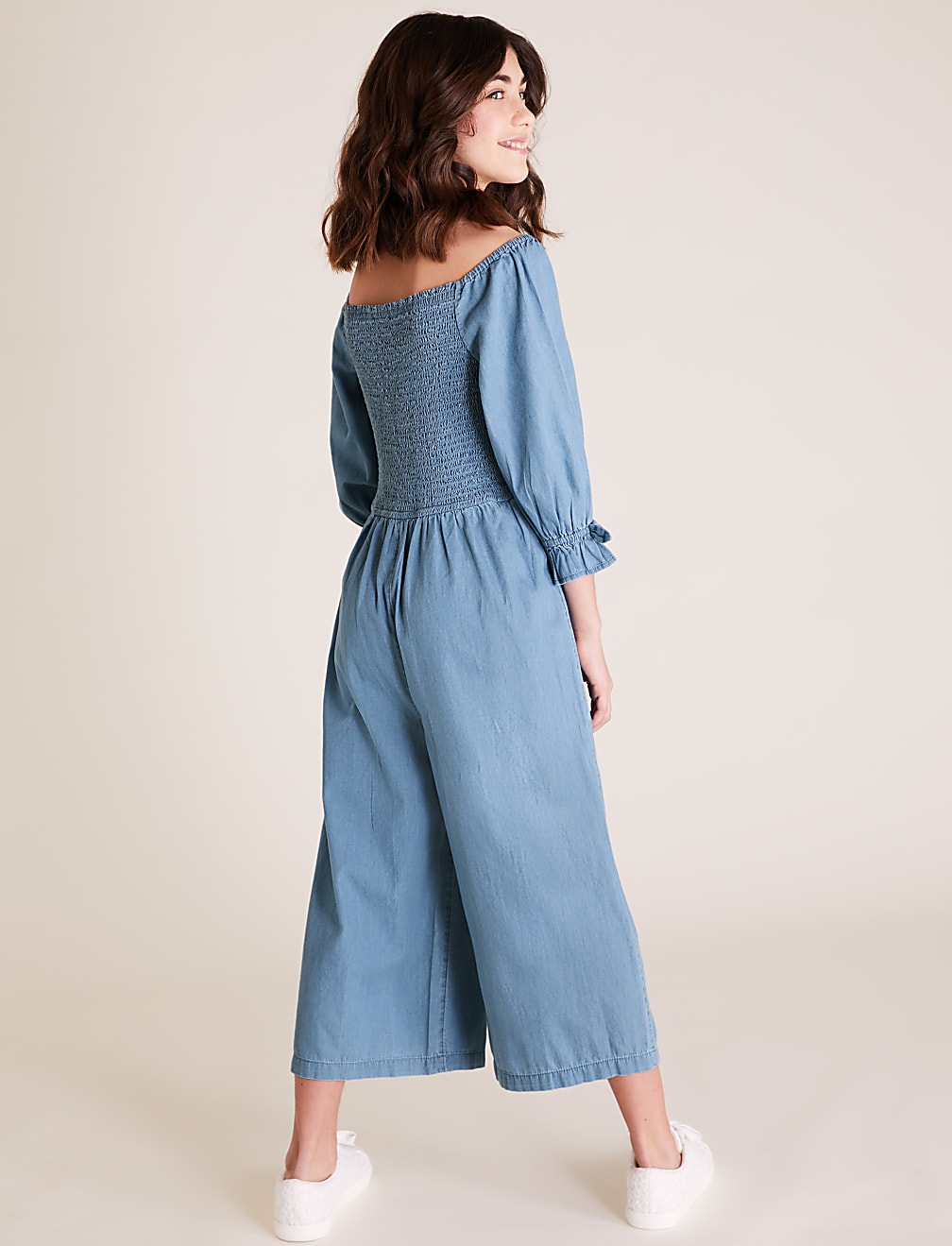 Denim Shirred Jumpsuit