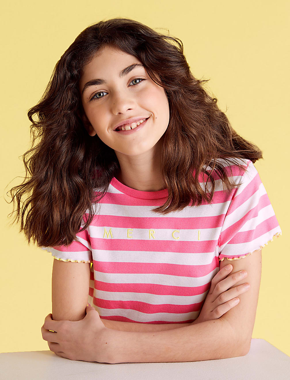 Cotton Merci Slogan Striped Ribbed T-Shirt (6-14 Yrs)