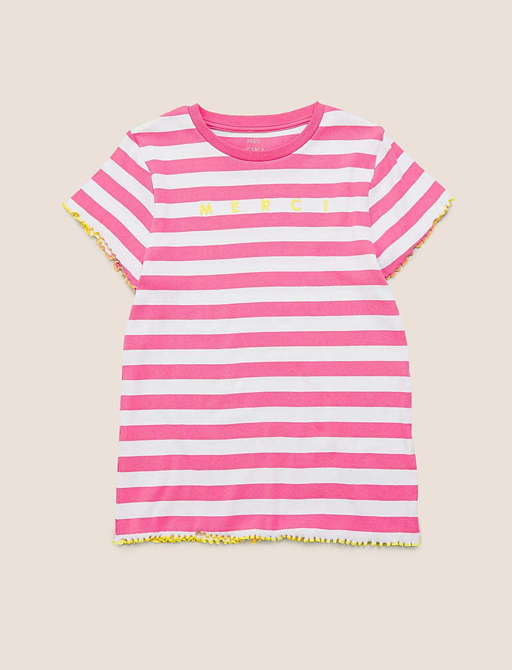 Cotton Merci Slogan Striped Ribbed T-Shirt (6-14 Yrs)