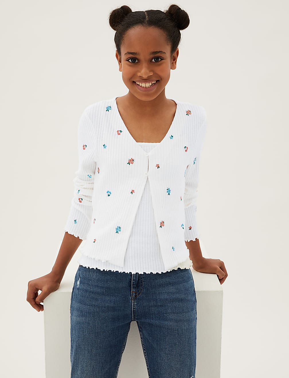 2pc Flower Embroidered Cardigan Set (6-16 Yrs)