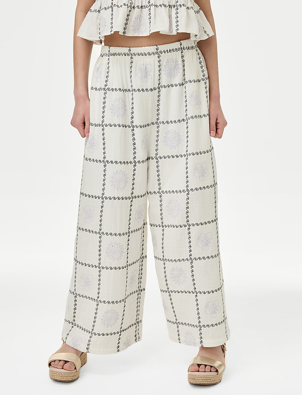 Pure Cotton Checked Floral Trousers (6-16 Yrs)