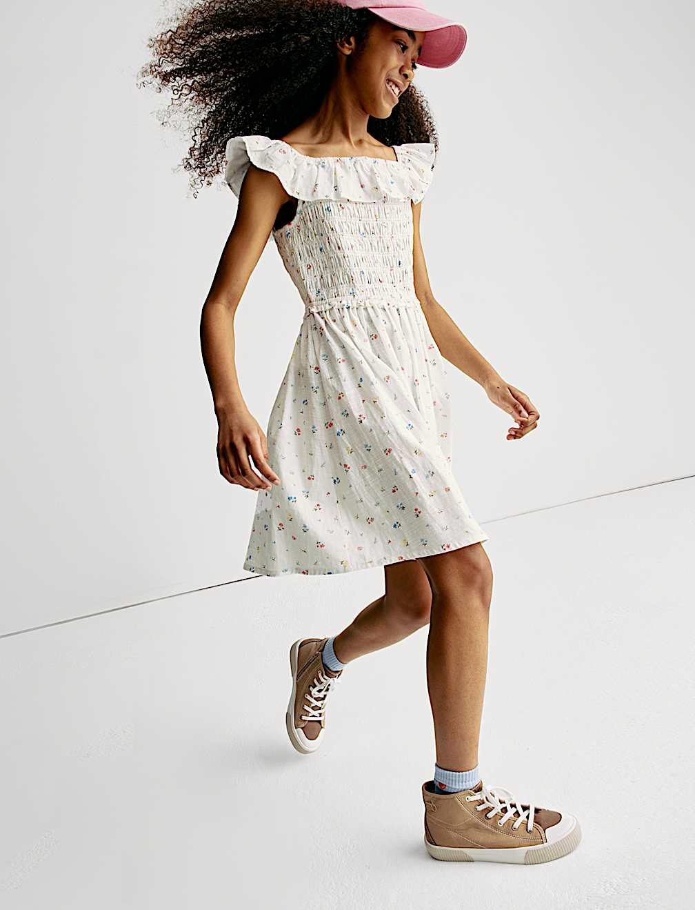 Pure Cotton Shirred Floral Print Dress (6-16 Yrs)