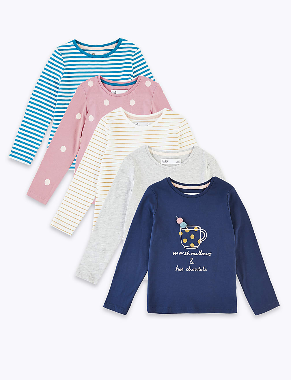 5 Pack Cotton Rich Marshmallows Slogan Tops (3 Mths - 7 Yrs)