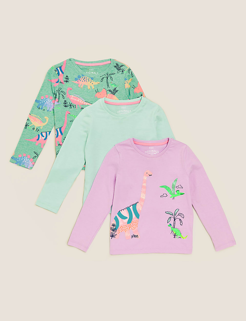 3pk Pure Cotton Dinosaur Tops (2-7 Yrs)