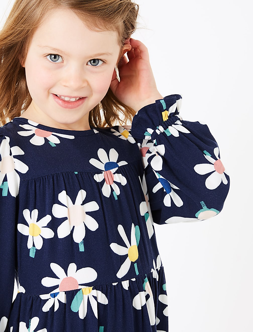 Daisy Print Tiered Long Sleeve Dress (2-7 Yrs)
