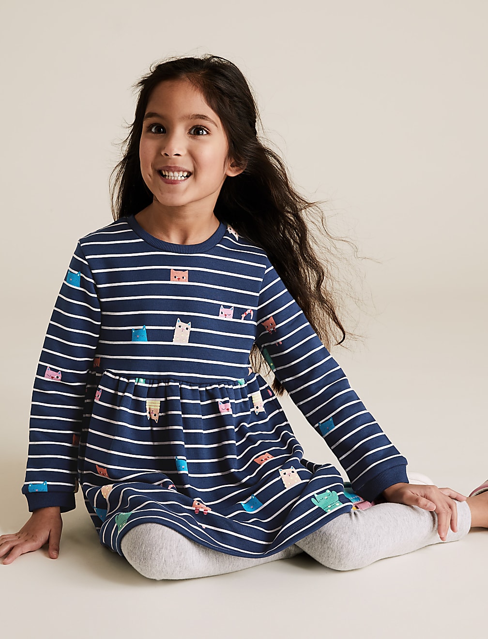 Cotton Striped Cat Sweat Dress (2-7 Yrs)