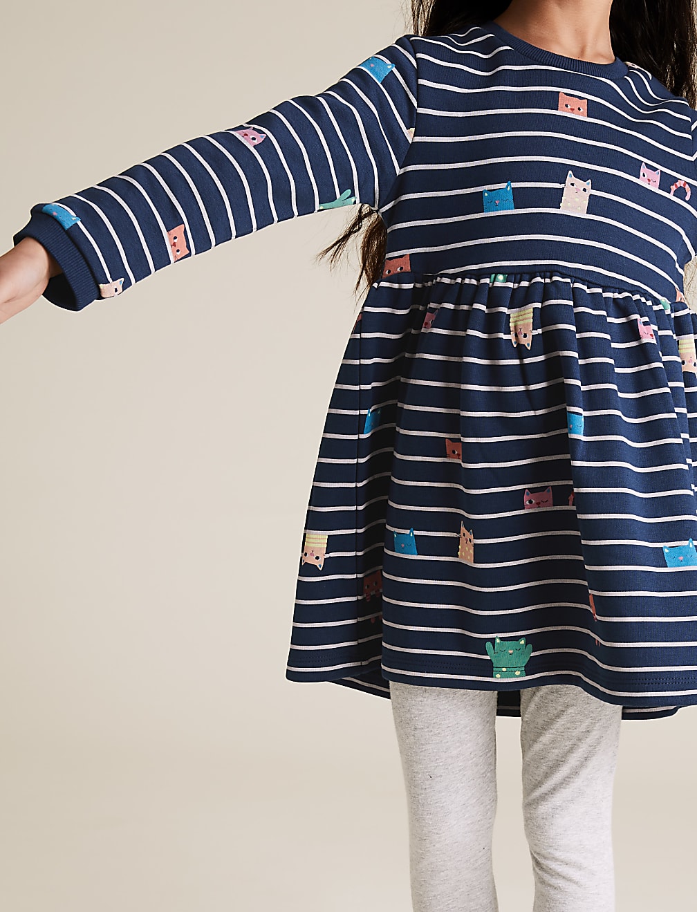 Cotton Striped Cat Sweat Dress (2-7 Yrs)