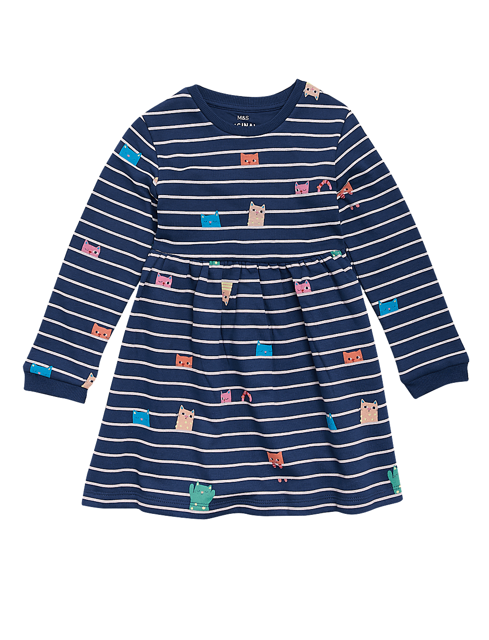 Cotton Striped Cat Sweat Dress (2-7 Yrs)