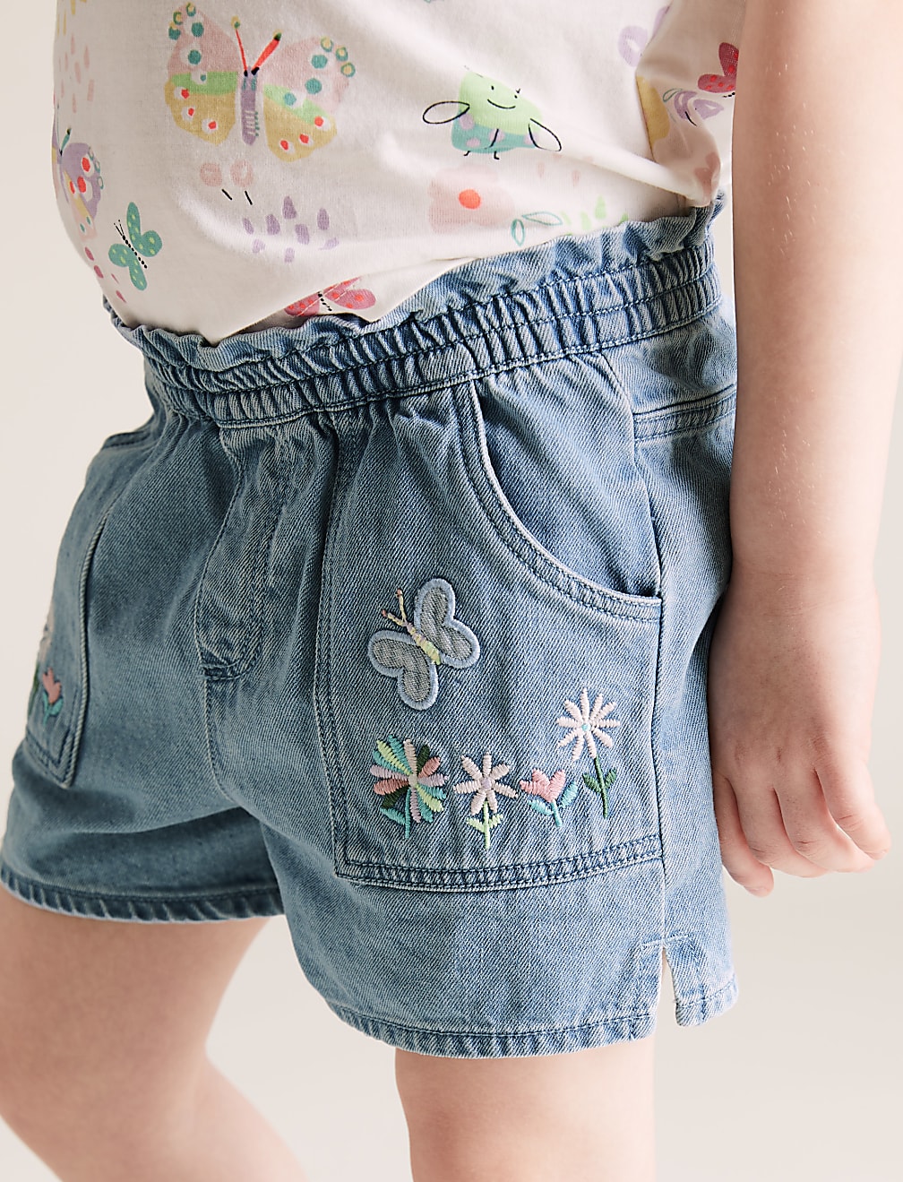 Denim Floral Embroidered Shorts