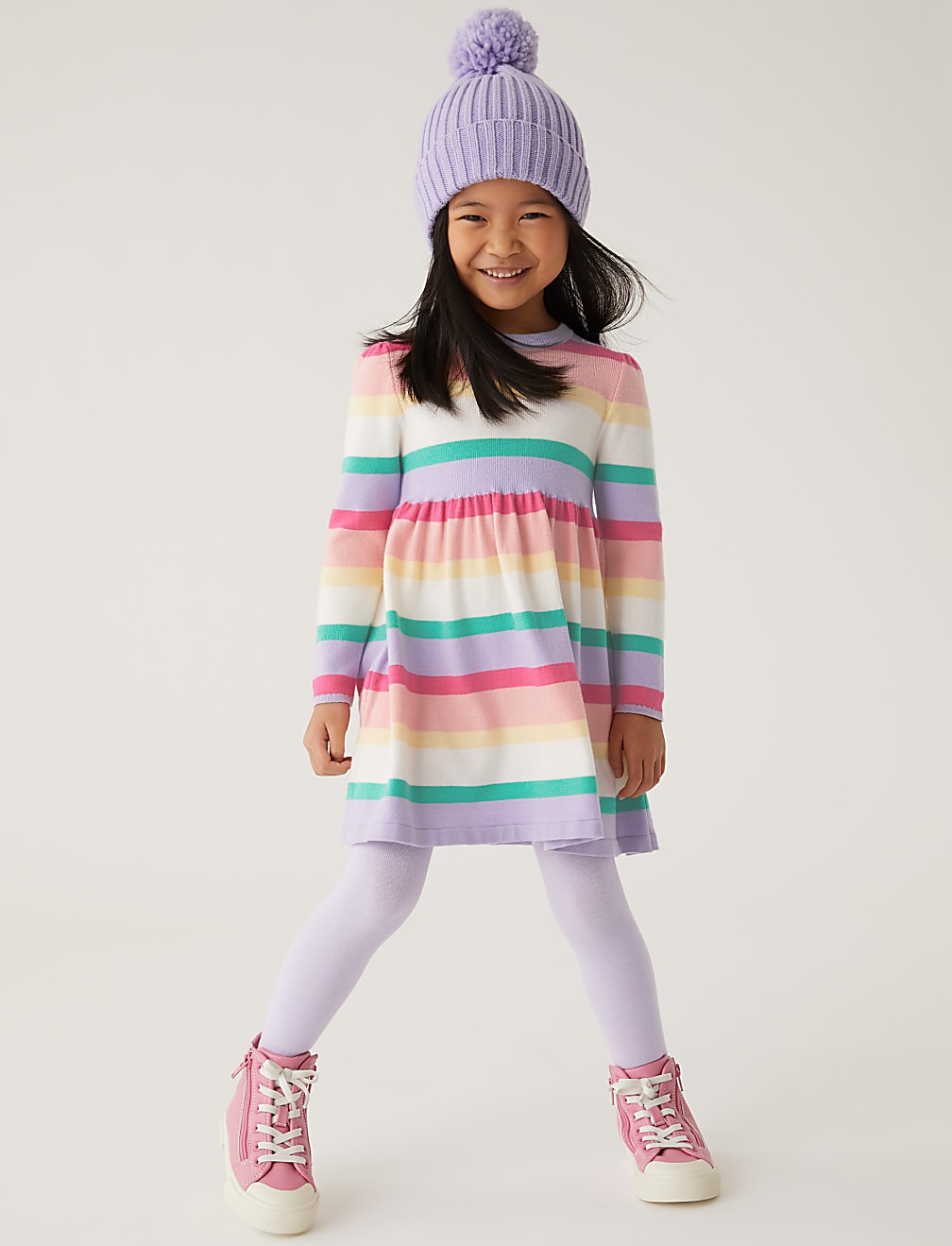 Knitted Striped Dress & Tights Outfit
