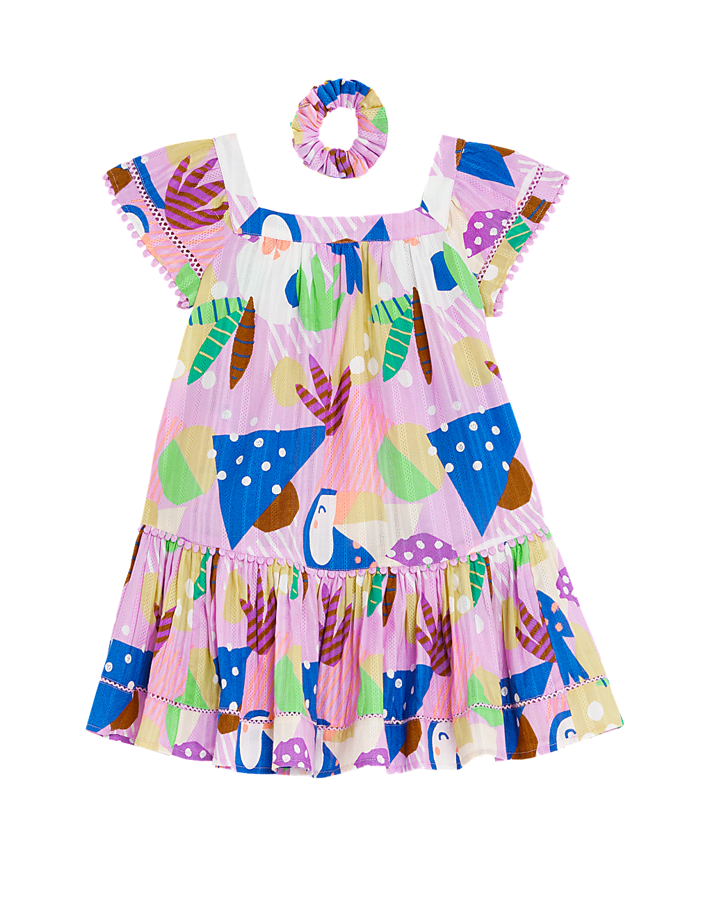 2pc Pure Cotton Printed Dress & Scrunchie (2-8 Yrs)