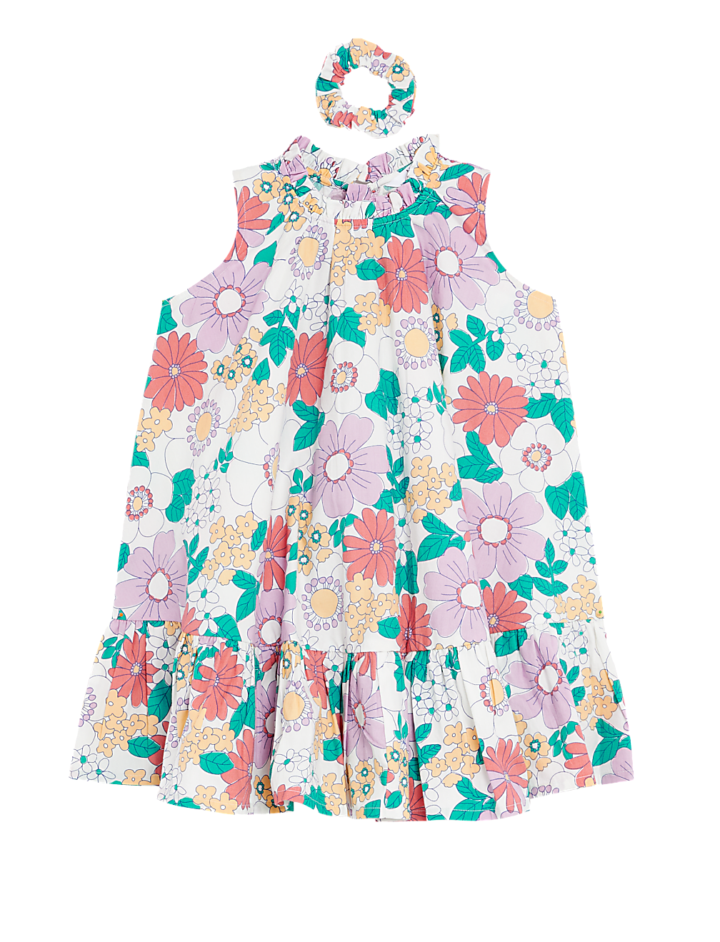 Pure Cotton Floral Dress with Scrunchie (2-8 Yrs)