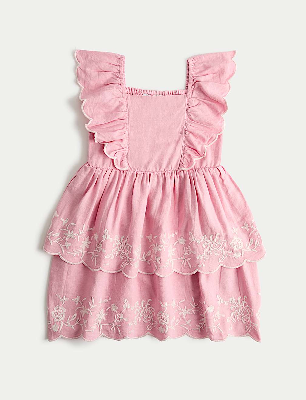 Linen Rich Floral Embroidered Frill Dress (2-10 Yrs)