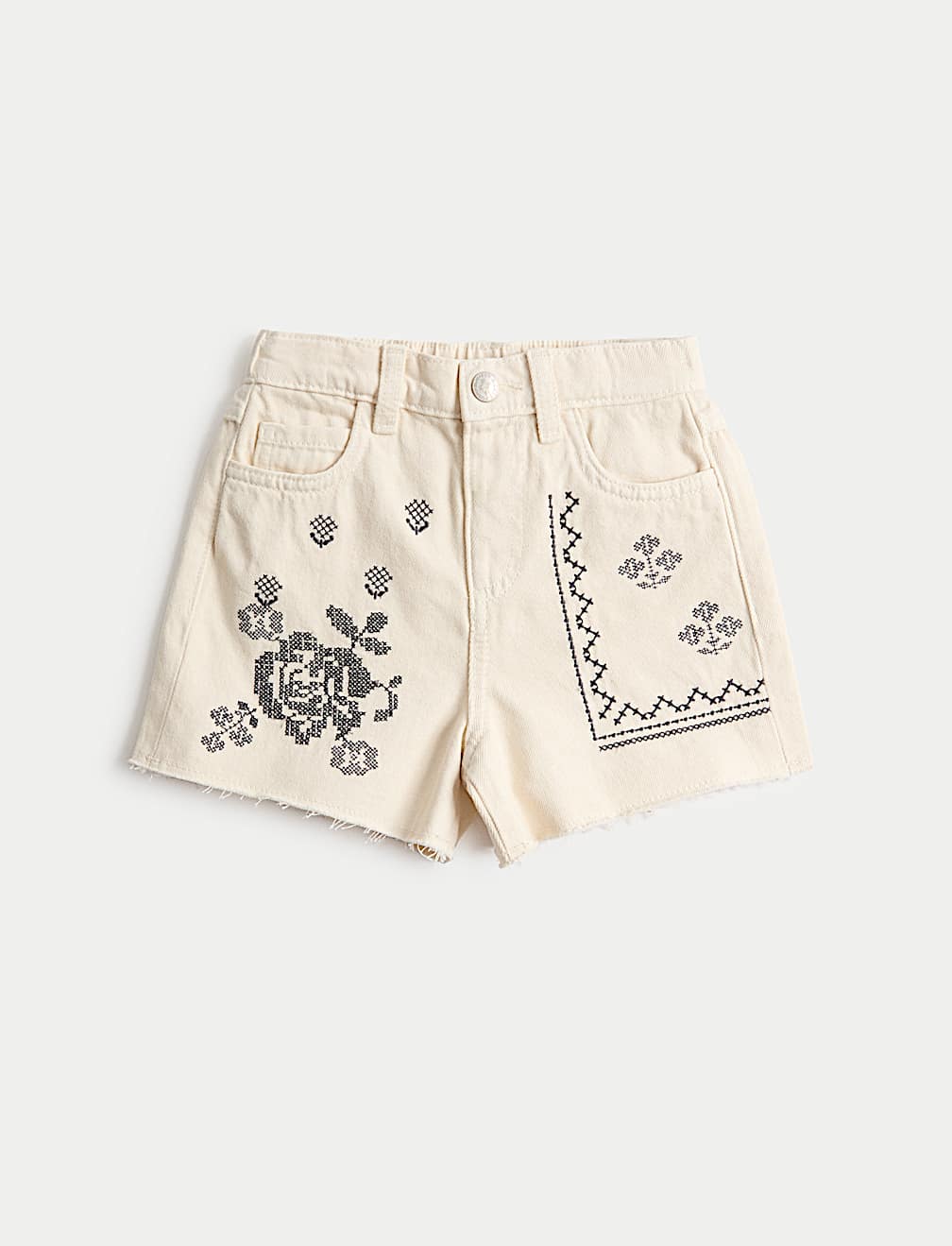 Pure Cotton Denim Embroidered Shorts (2-10 Yrs)