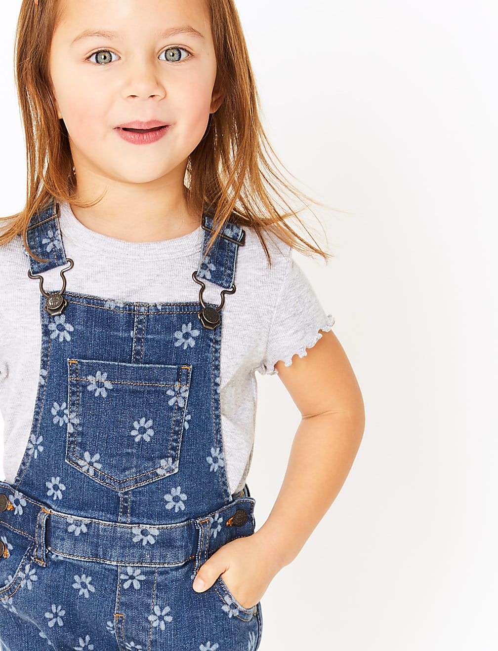 Laser Flower Print Short Dungarees (2-7 Years)