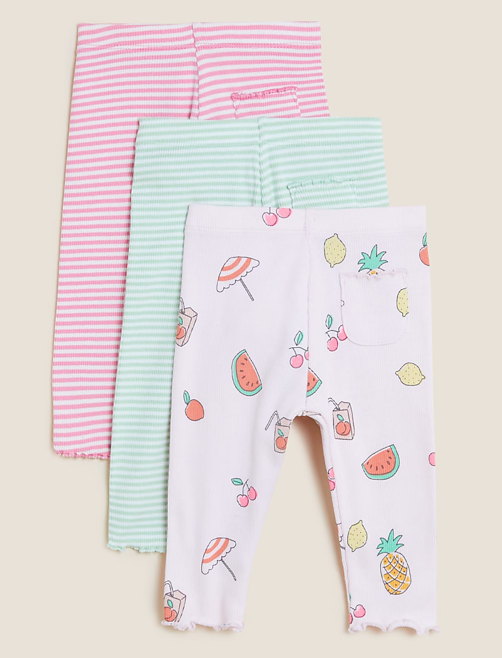 3pk Cotton Rich Striped and Fruit Leggings (0-3 Yrs)