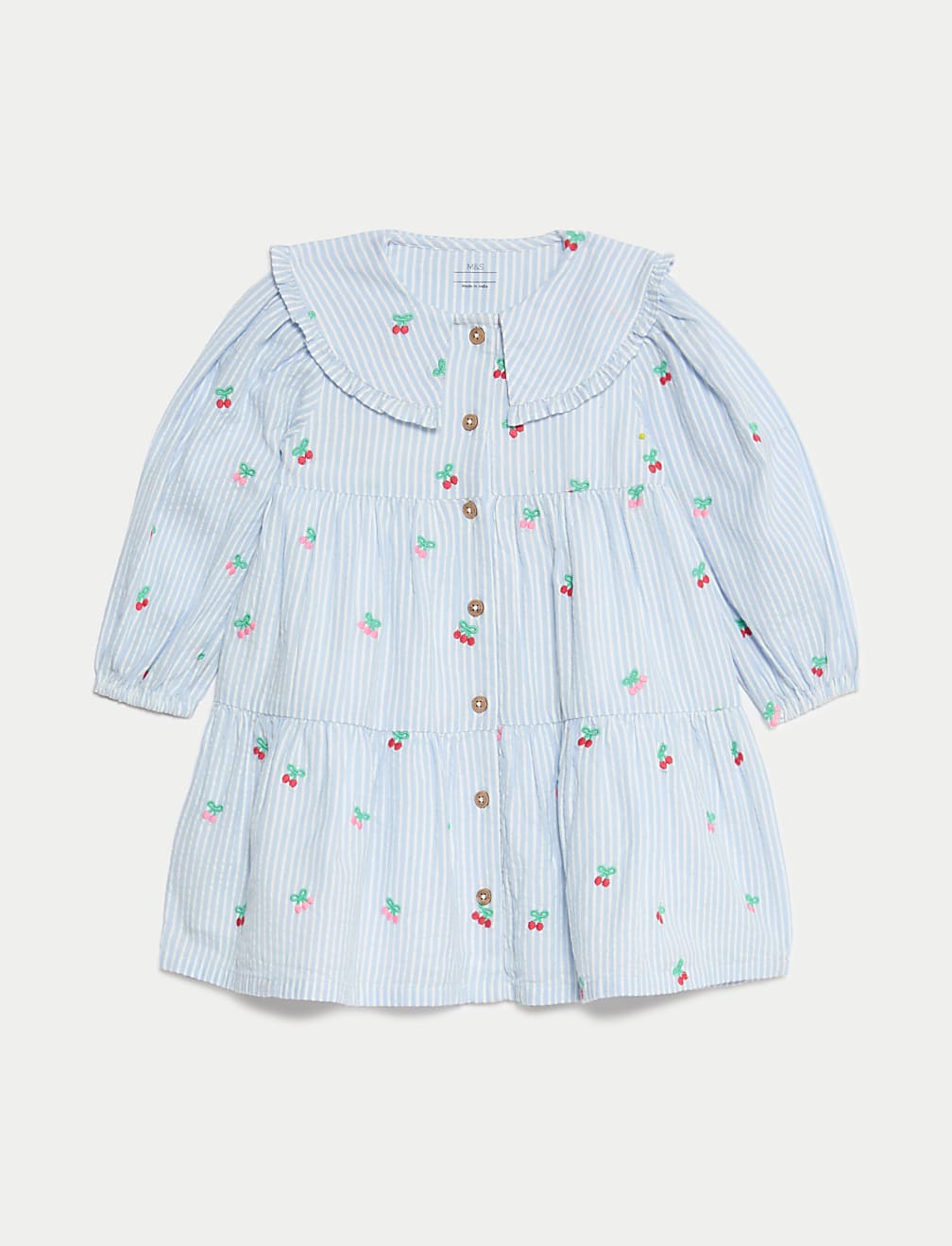 Pure Cotton Striped Cherry Embroidery Dress (0-6 Yrs)