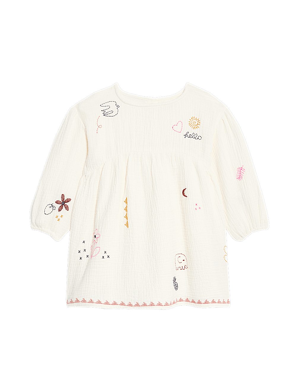 Pure Cotton Embroidered Puff Sleeve Dress (0-6 Yrs)