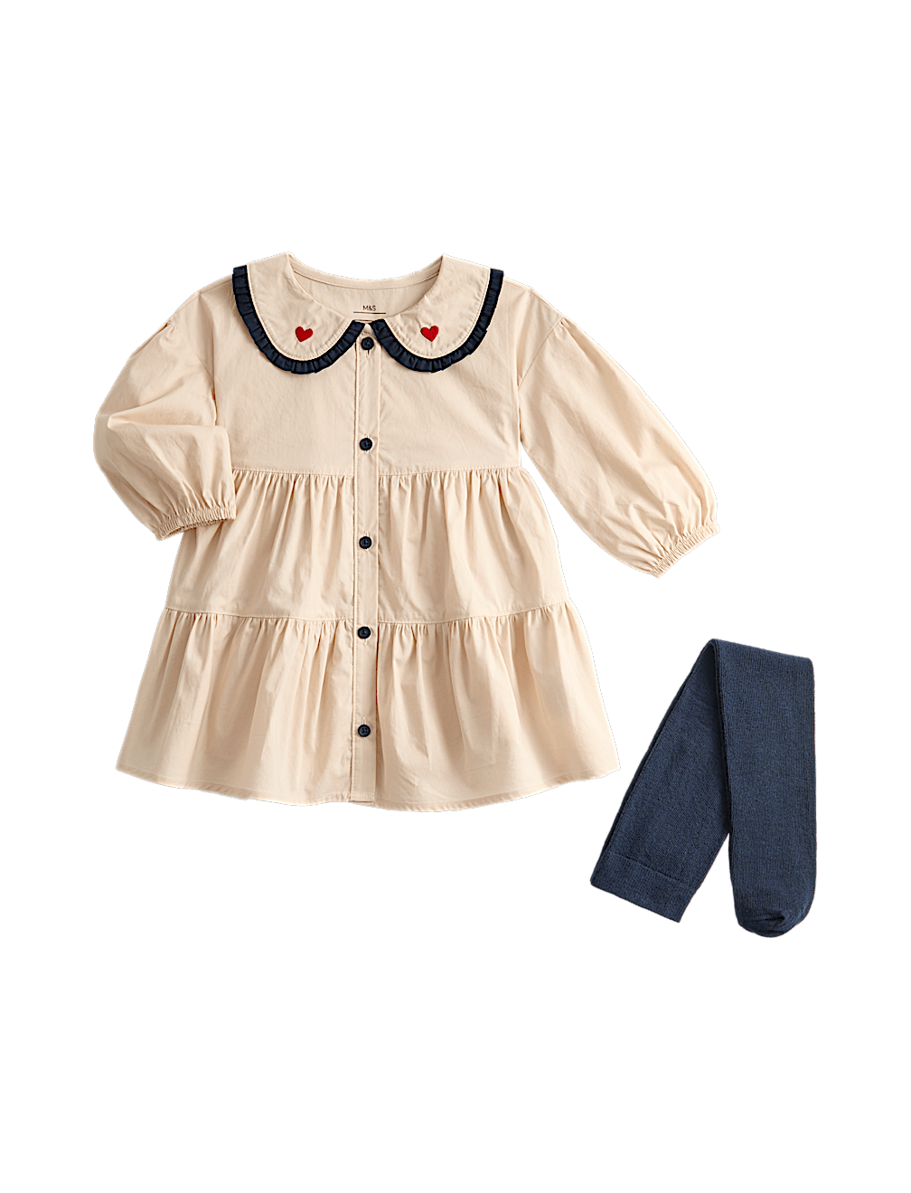 Pure Cotton Heart Collar Dress with Tights (0-6 Yrs)