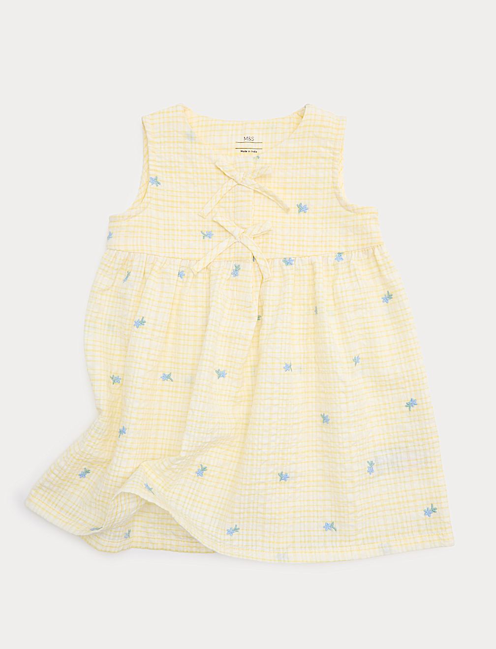 Pure Cotton Gingham Floral Dress with Bows (0-5 Yrs)