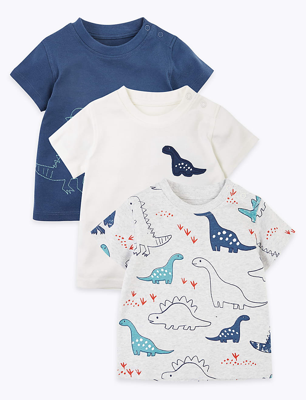 3 Pack Cotton Dinosaur Print T-Shirts (0-3 Yrs)