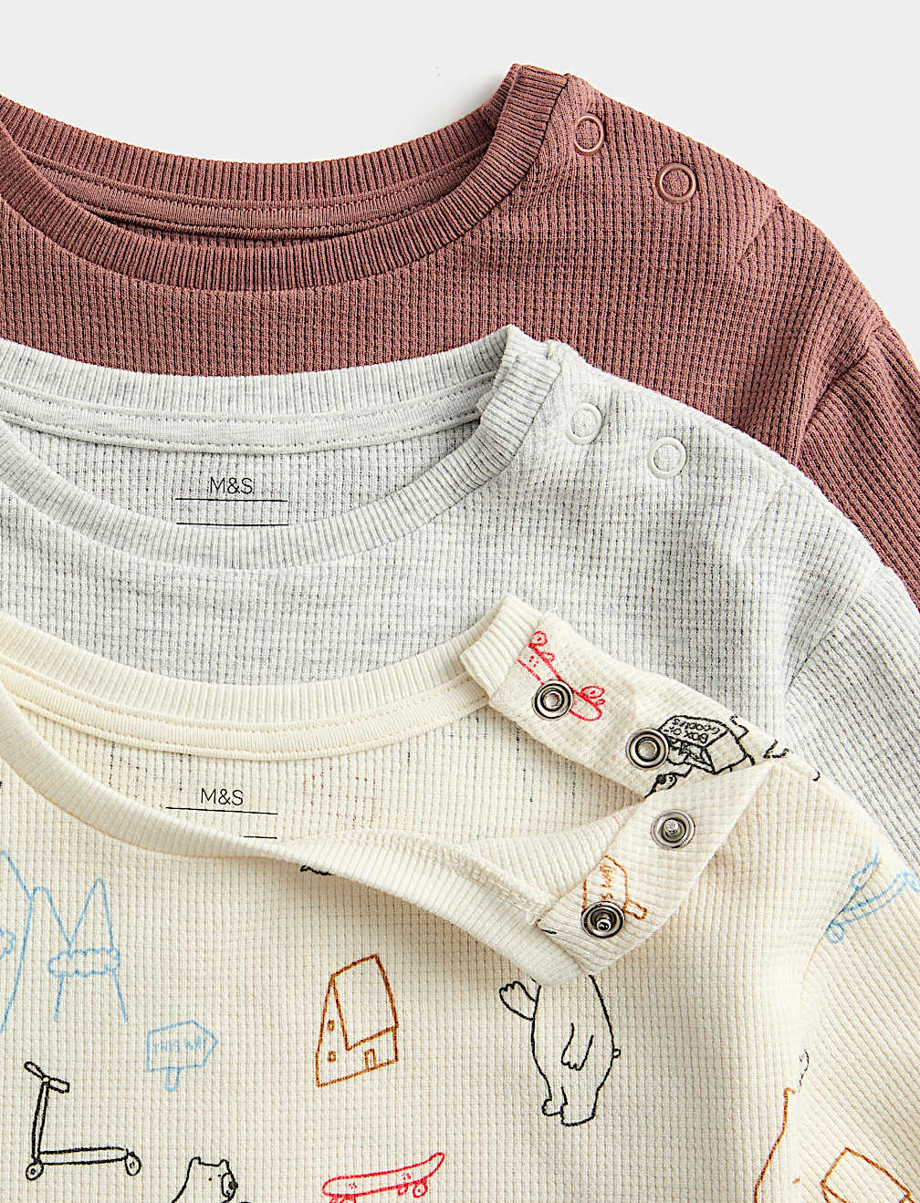 3 Pack Pure Cotton Bear Print Waffle Tops (0-3 Yrs)