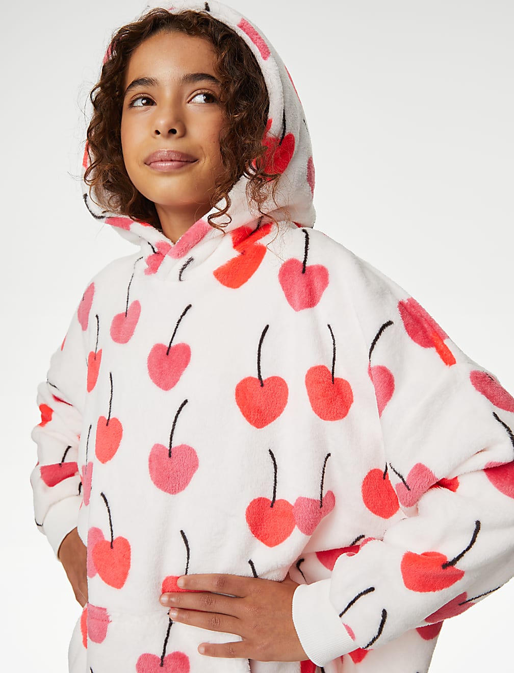 Fleece Cherry Print Oversized Hoodie (7-16 Yrs)