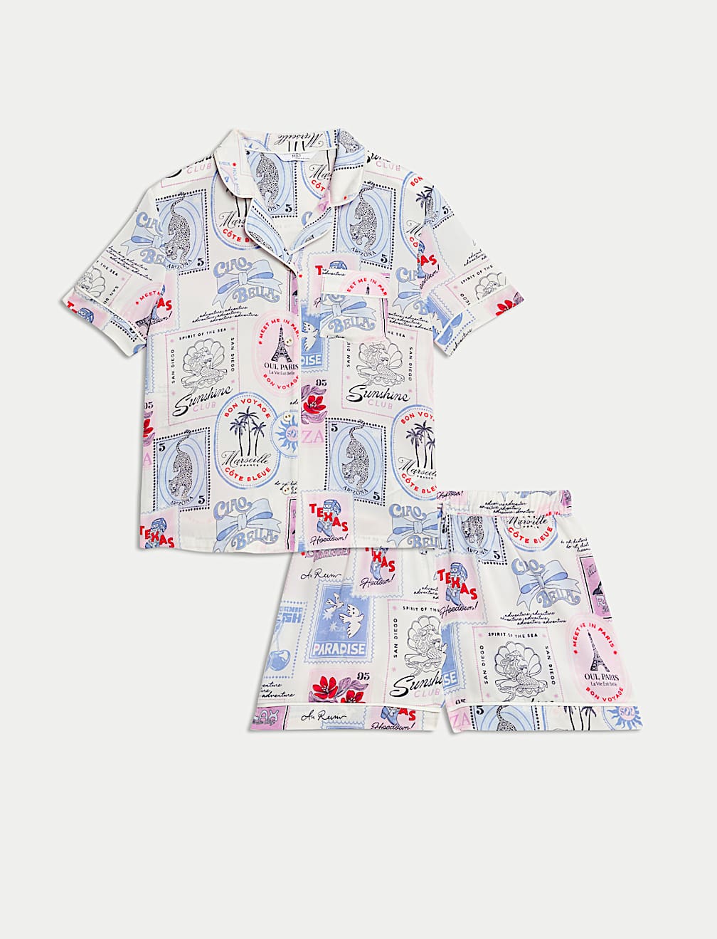 Satin Postcard Print Revere Pyjamas (3-16 Yrs)