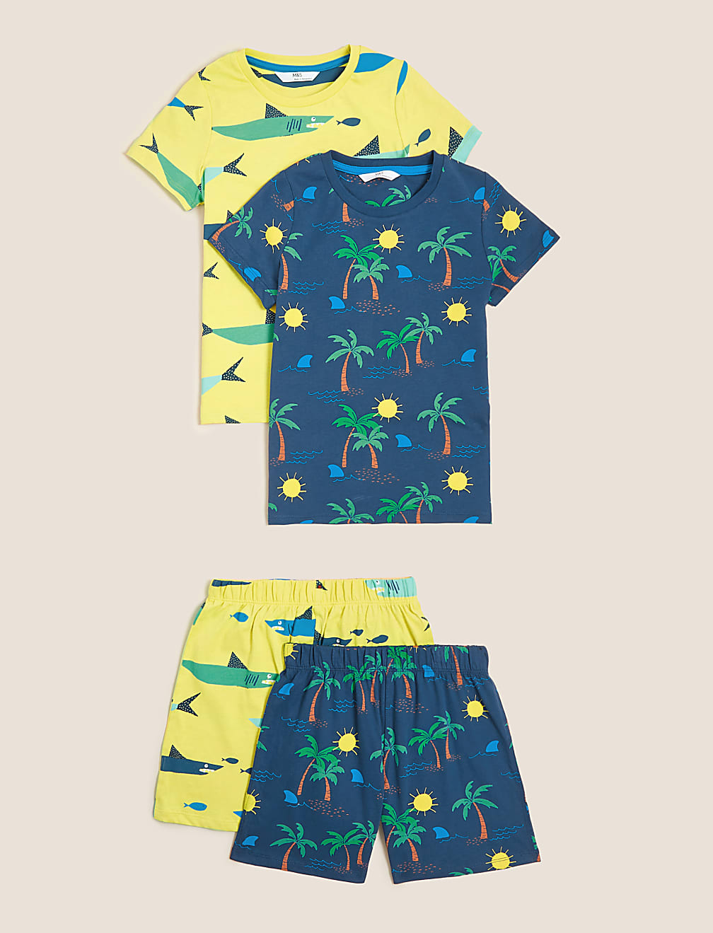 2pk Pure Cotton Shark Short Pyjama Sets (12 Mnths - 7 Yrs)