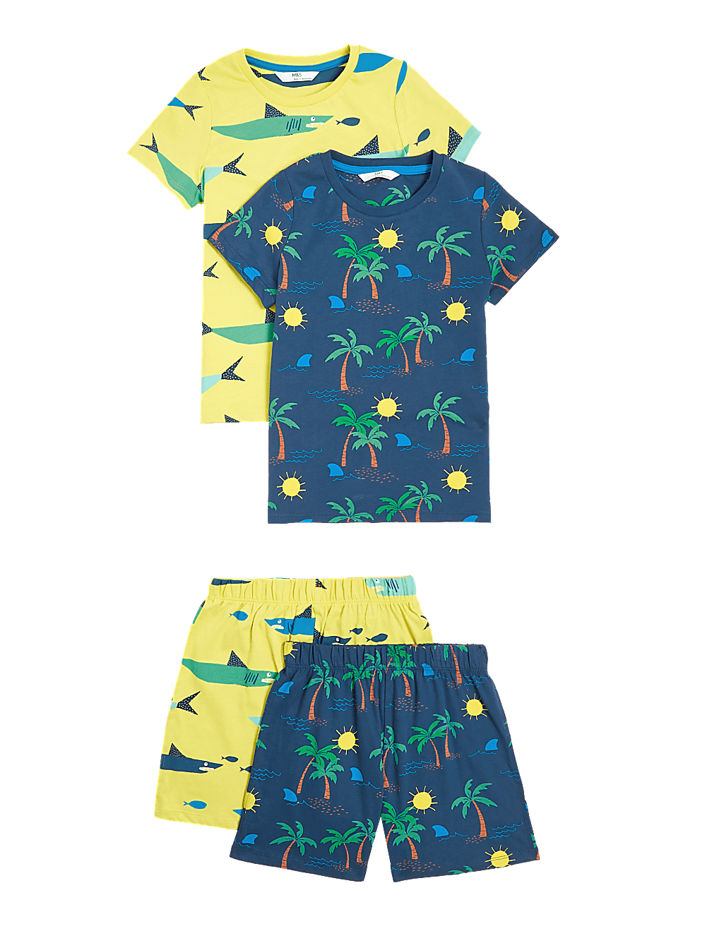 2pk Pure Cotton Shark Short Pyjama Sets (12 Mnths - 7 Yrs)